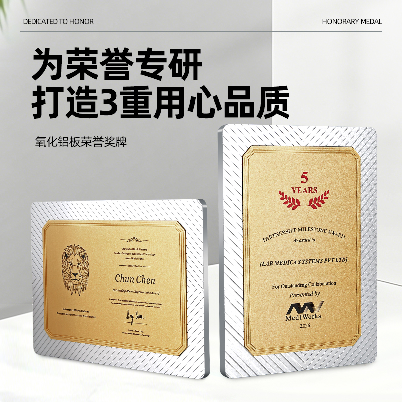 双色铝雕氧化板荣誉奖牌